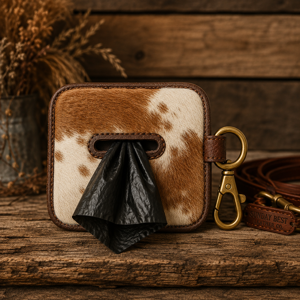 A cowhide dog poop bag holder with a black plastic bag pulled from the front opening, shown on a rustic wooden surface with a leather strap and brass clasp.