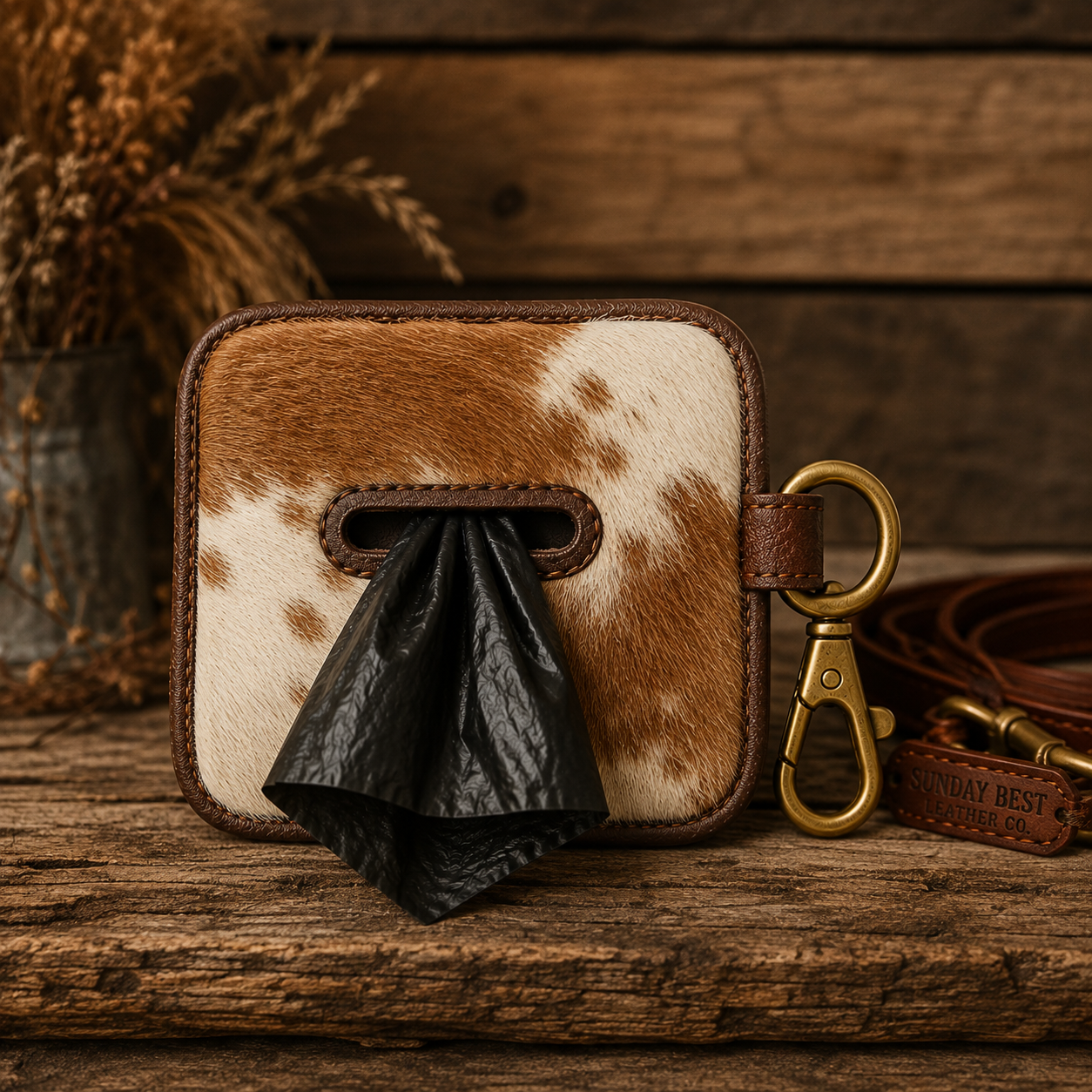 A cowhide dog poop bag holder with a black plastic bag pulled from the front opening, shown on a rustic wooden surface with a leather strap and brass clasp.