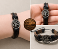 A collage showing a dark brown leather wrap bracelet with a circular tree-of-life pendant in silver-toned metal, worn on a wrist, shown close-up on a hand, and shown flat. A round wooden brand tag reading 'SUNDAY BEST LEATHER CO' is also shown in the center.